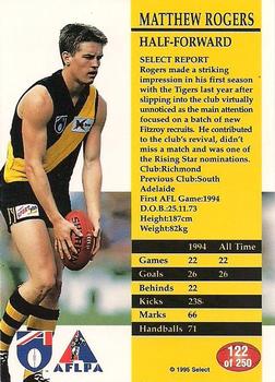 1995 Select AFL #122 Matthew Rogers Back